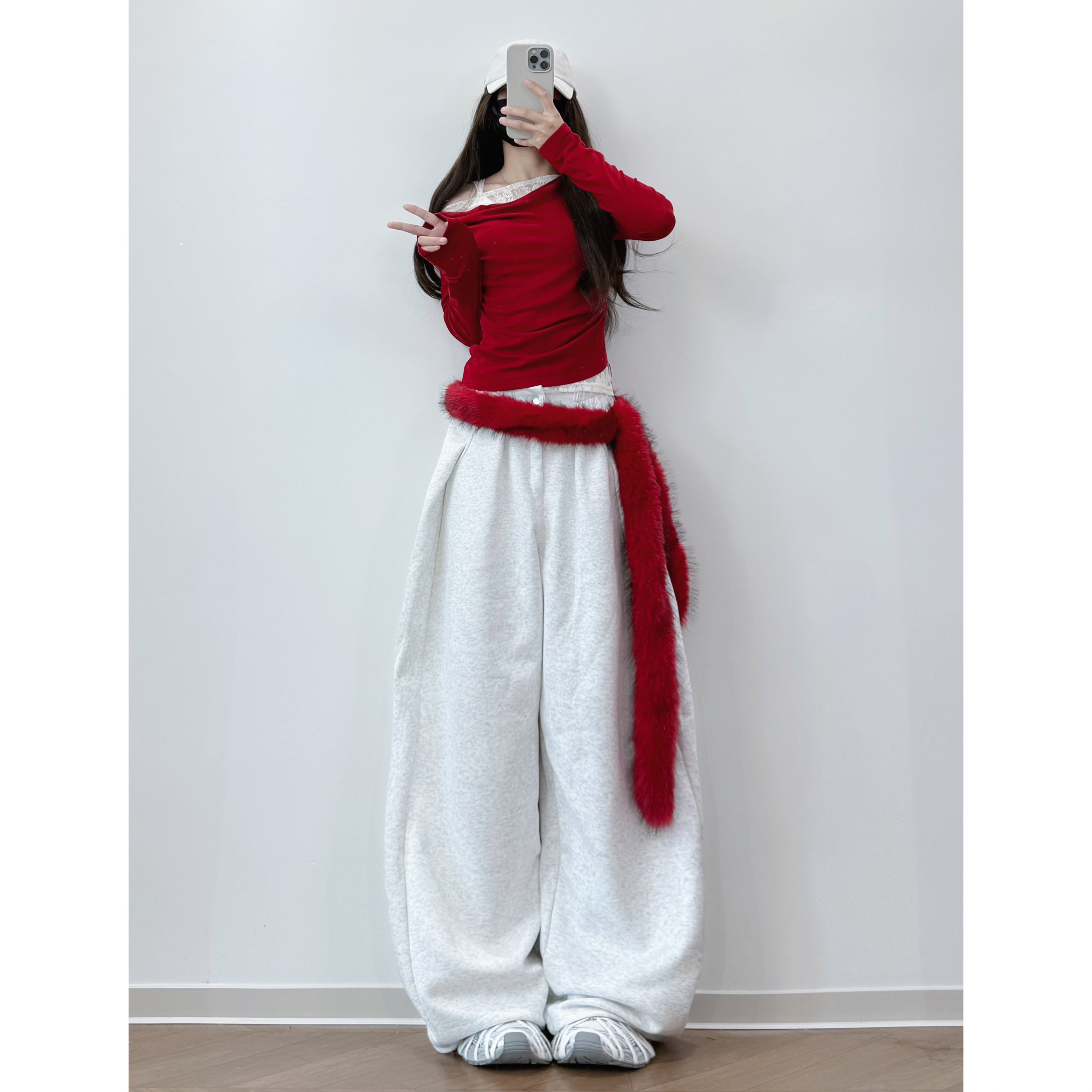 XXBUNI 辣妹跳舞穿搭女酒红色斜肩跳舞上衣女蕾丝拼接jazz长袖T恤