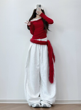 XXBUNI 辣妹跳舞穿搭女酒红色斜肩跳舞上衣女蕾丝拼接jazz长袖T恤