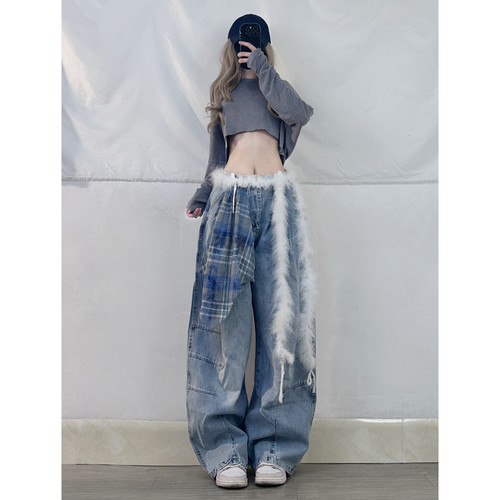 XXBUNI跳舞套装女慵懒风jazz罩衫+拼接hippop格子贴布弯刀牛仔裤