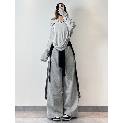 XXBUNI灰色爵士舞套装女夏季慵懒风罩衫＋练舞宽松显瘦运动长裤女