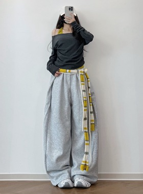 XXBUNI秋冬跳舞穿搭女同色系灰色jazz卫裤女宽松阔腿裤爵士舞裤子