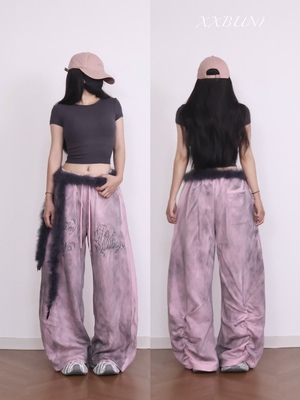 XXBUNI灰粉色运动套装女设计感做旧褶皱爵士舞裤子＋纯色短款上衣