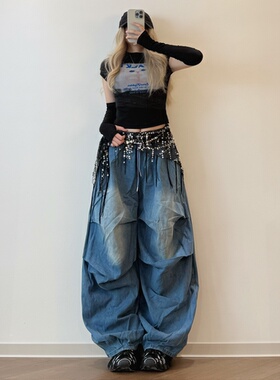 XXBUNI Kpop女团风黑色猫咪印花带袖打歌服松紧腰刺绣宽松牛仔裤