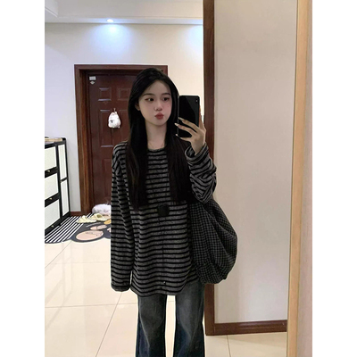 韩系撞色条纹慵懒显瘦长袖T恤