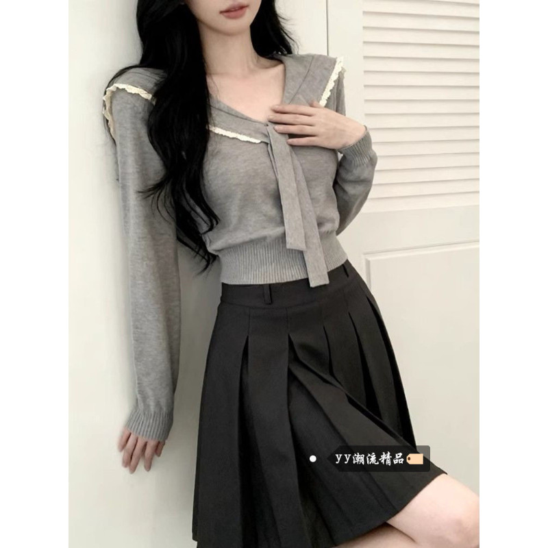 韩系学院风海军领绑带针织衫女2025冬季新款披肩显瘦打底衫短上衣