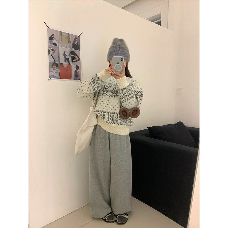 复古费尔岛圆领毛衣25秋冬新款慵懒宽松雪花修身显瘦圣诞针织上衣