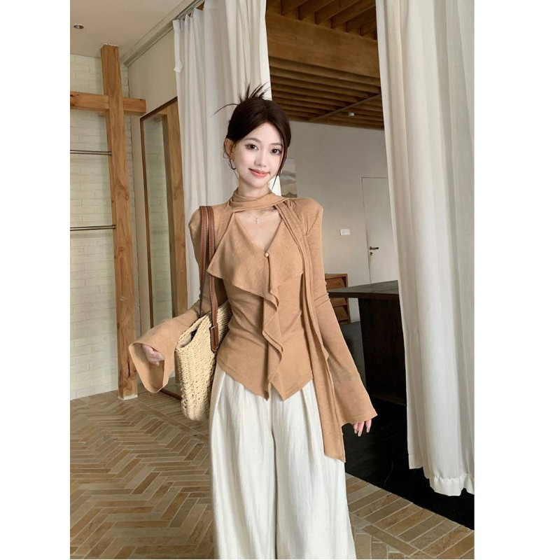 松弛系飘带V领修身长袖T恤女