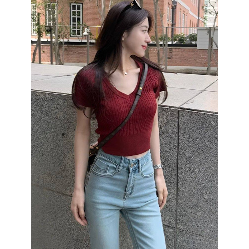 复古慵懒V领短袖针织衫女显瘦