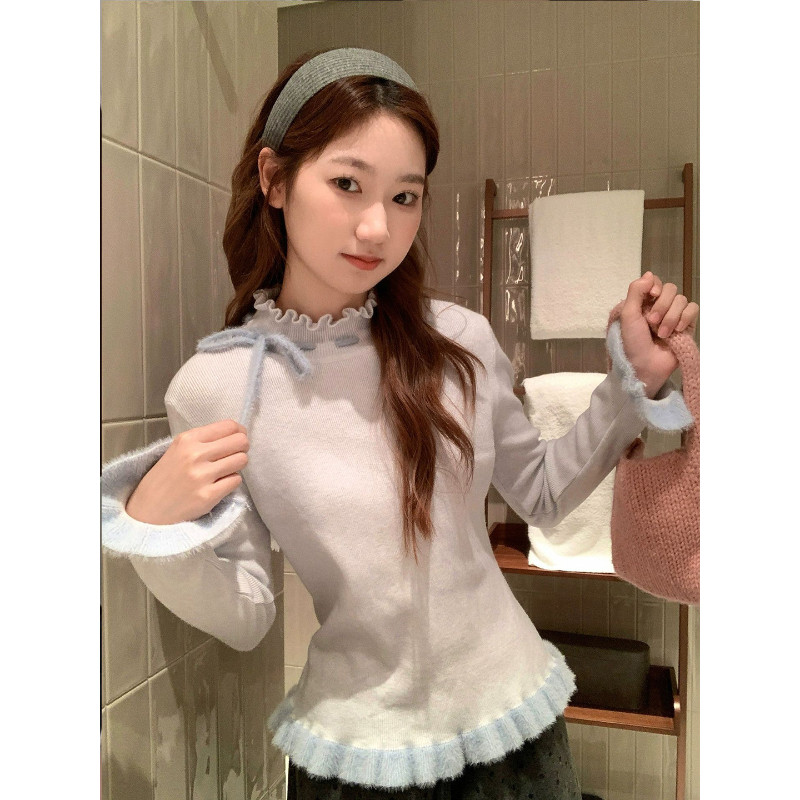 温柔仿貂毛木耳边显瘦针织打底衫