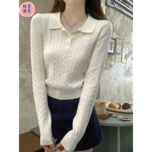 秋冬2025新款巨好看polo领短款毛衣麻花长袖针织打底衫女内搭上衣