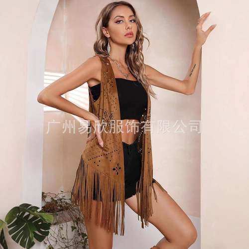 Jacket Suede Faux Placket Front Hollow Vest Sleeve Tassel