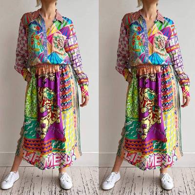 skirt shirt long-sleeved satin two-piece casual graffiti