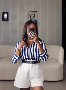 striped womens shirt springsummer new fashion blue casual