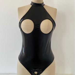 Sexy Leather Hollow Patent Feminine Bodysuit Black
