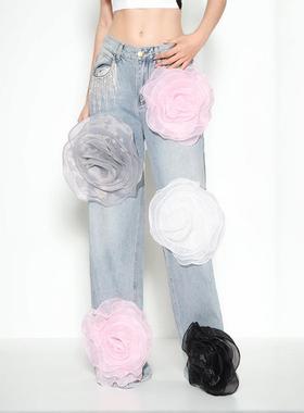 jeans patchwork flower three-dimensional straight-leg waist