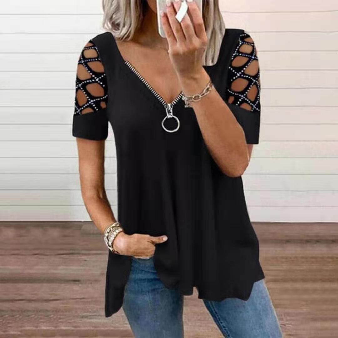 women for top casual diamond hot sleeve hollow color solid