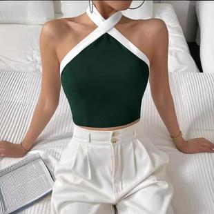 casual neck tank sleeveless backless trim contrast halter