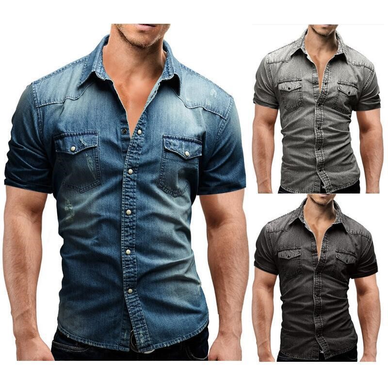 Men's thin short-sleeved denim shirt韩版薄款修身短袖牛仔衬衫图片