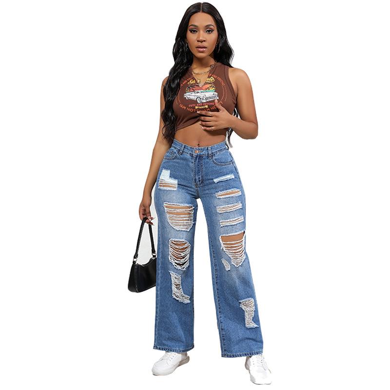High waist washed nostalgic wide leg ripped women's jeans