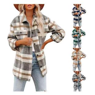 Women's woolen plaid shirt flannel loose shirt jacket coat