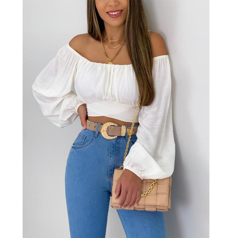 one-shoulder for solid shirt lace-up navel-baring sleeves
