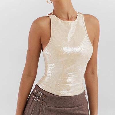 top sequin color solid straps backless stitching fit slim
