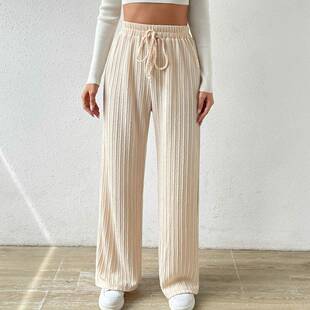 Knot Waist Textured Knit Wide Leg Pants Elastic High Solid