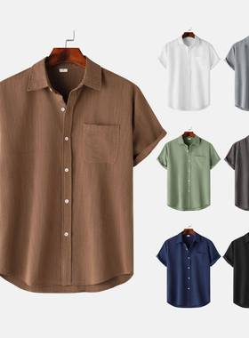 Lapel Solid Color Short Sleeve Button Mens Linen Shirt