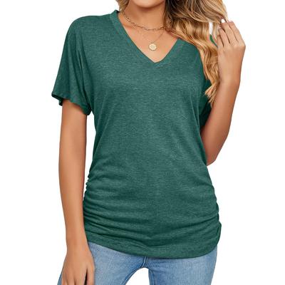 Womens T-shirt hem pleated short sleeves V-neck loose tops