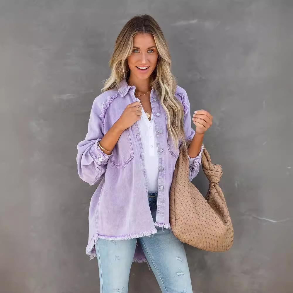 Womens edge jacket pocket raw patchwork shirt loose denim