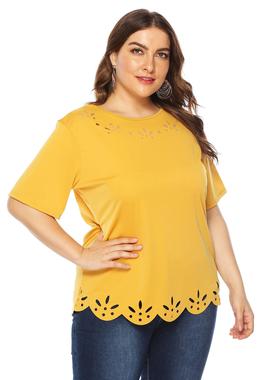 top all-match flower burn hollow T-shirt casual sleeve