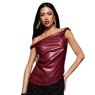 leather shoulder irregular off personality fashion top