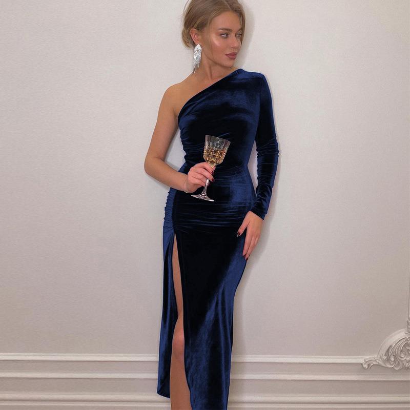 Dress Slit Pleated Fashion Velvet Skirt Dress Party Sexy