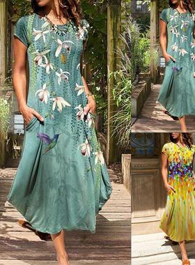 Maxi Dress Colorful Womens Round Neck Casual Short Sleeve