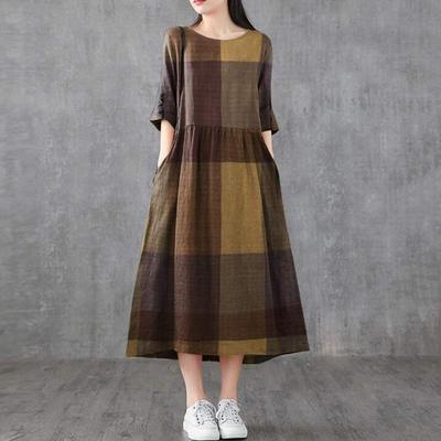 dress plaid length medium casual neck round loose thin