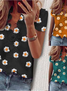 Women's ruffled shirt short sleeves small daisy V-neck shirt