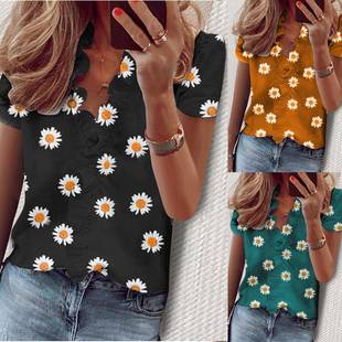 Women's ruffled shirt short sleeves small daisy V-neck shirt