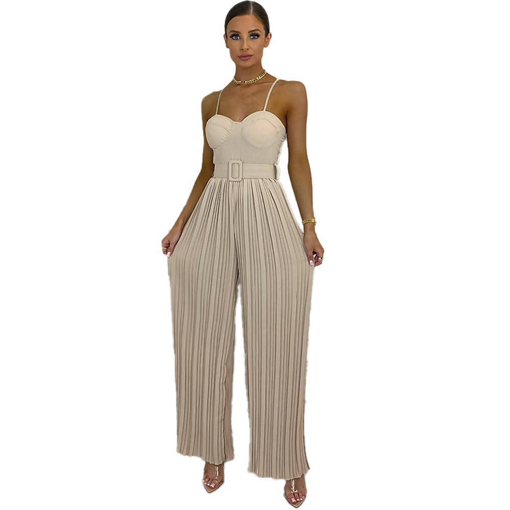 Womens Solid Pants Pleated Belt Color Wide Suspender
