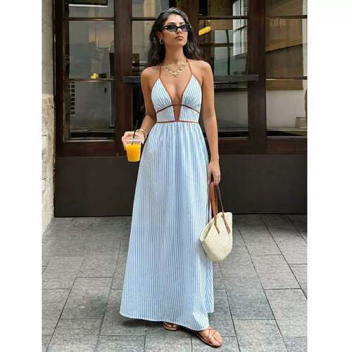 2026夏季深V领条纹连衣裙露背挂脖长裙 Hanging neck long skirt