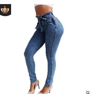 Women's slim fit elastic tassel belt high waist jeans