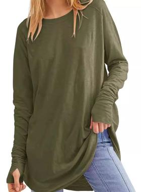 womens spring and autumn new crew neck shirt solid color