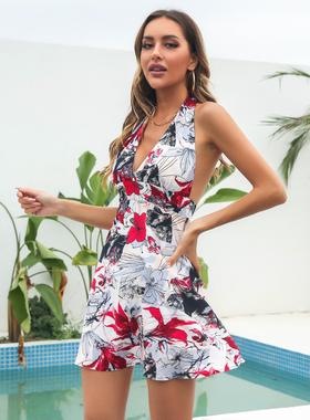 Floral halter neck dress womens backless sleeveless chiffon