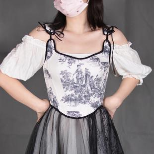 vest landscape irregular corset retro blue women art