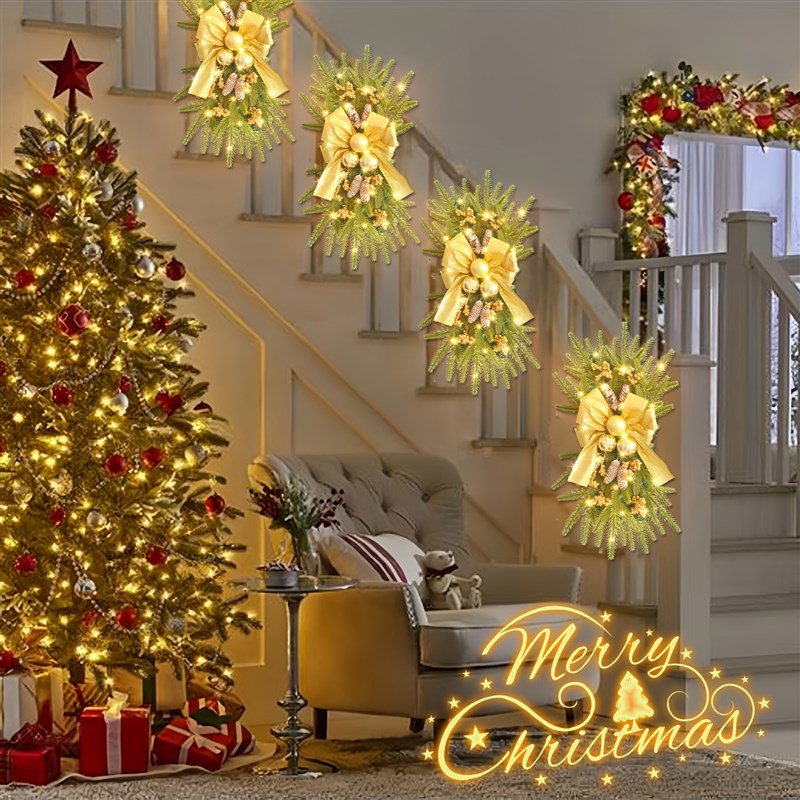 楼梯圣诞装饰藤条圣诞节花环蝴蝶结倒挂楼梯佛手走廊氛围布置道具