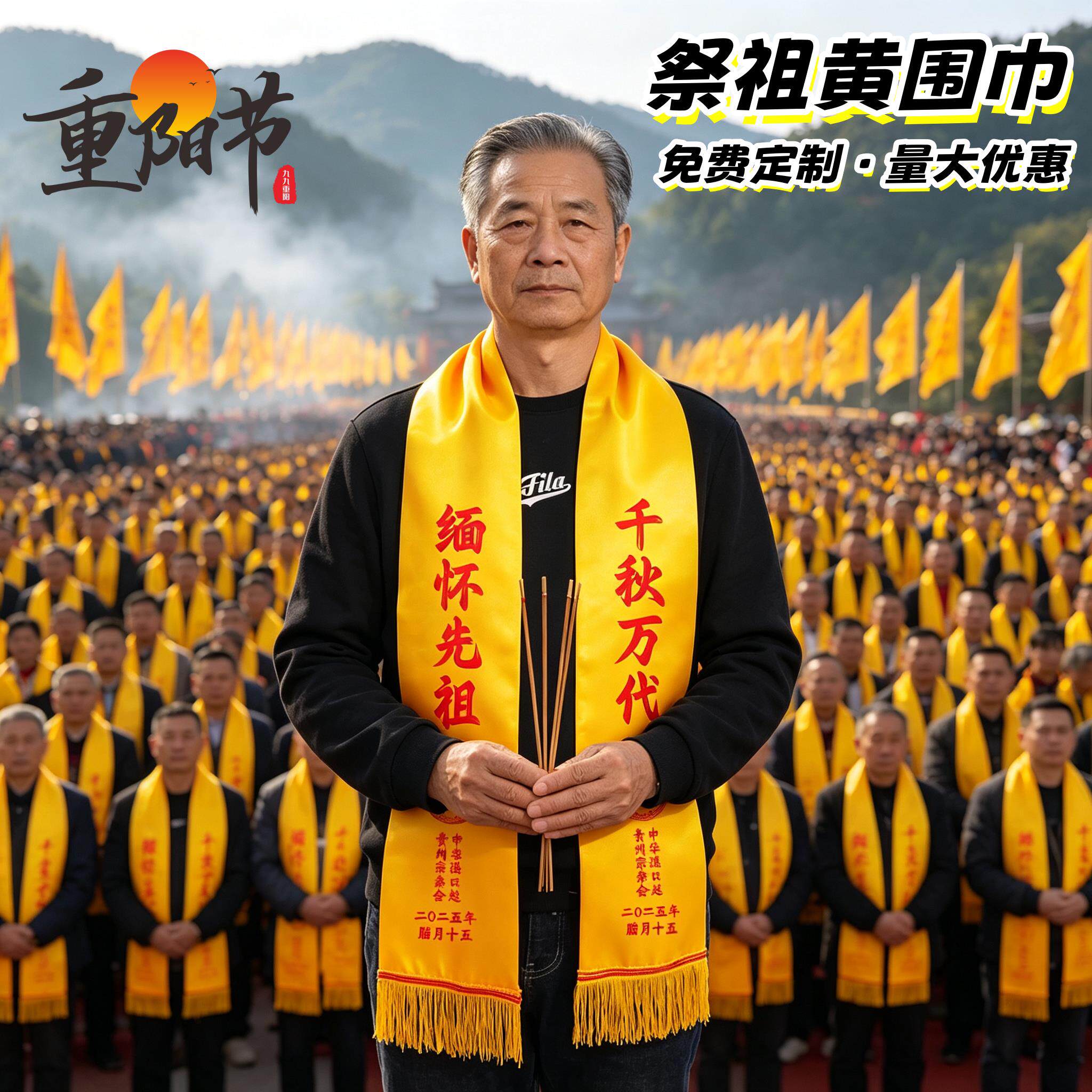 祠堂重阳祭祖绶带黄围巾定制宗亲联谊会拜祖黄丝巾团体活动披肩带