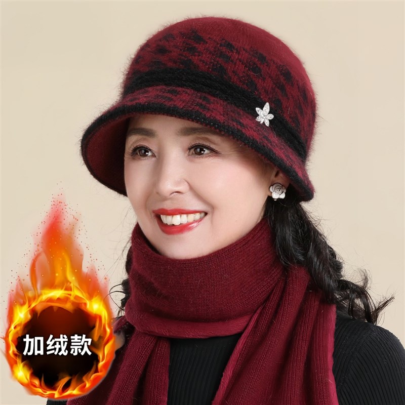 妈妈女士帽子围脖手套三件套冬天中老年女款适合妈妈戴的50多岁厚