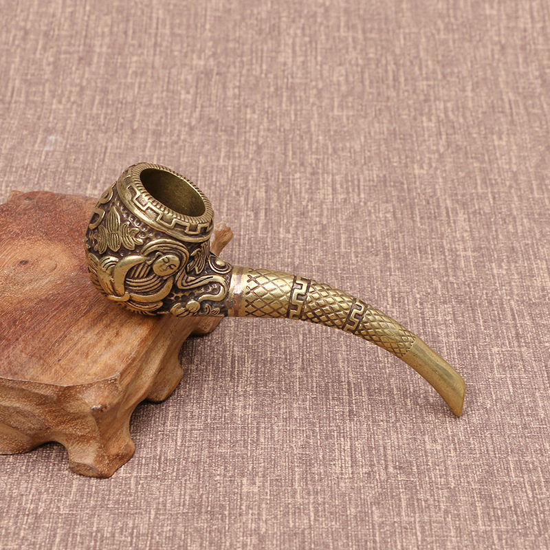 仿古黄铜佛缘烟斗精匠佛雕老式传统大号铜烟器烟枪工艺品收藏摆件