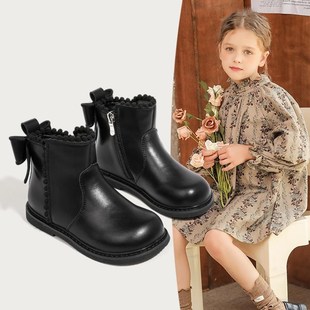 马丁靴女款儿童秋冬季黑色洋气防滑软底巨好看加绒皮鞋配裙子短靴