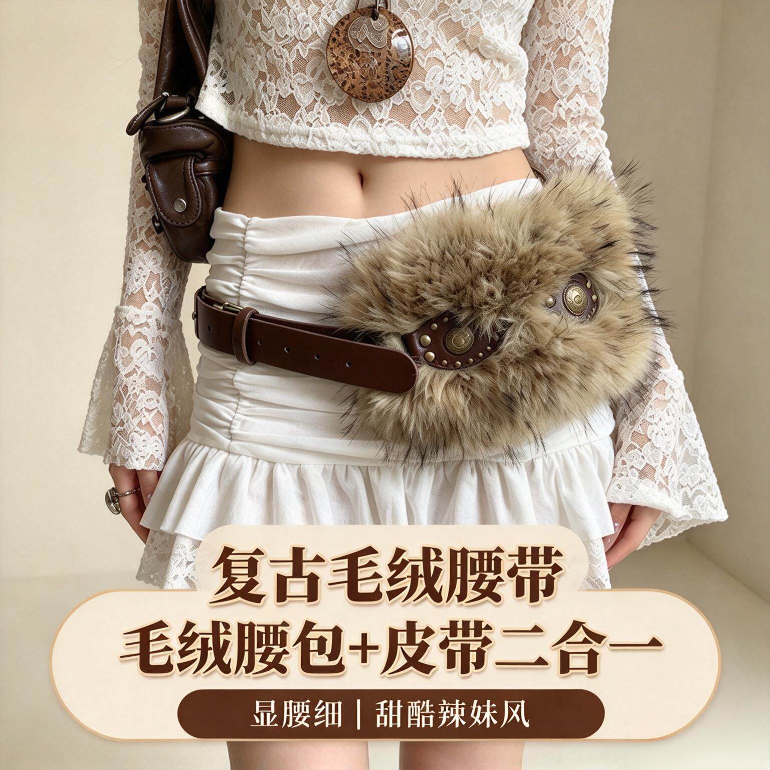 毛毛腰带部落ins复古街头个性小众设计感百搭辣妹风毛绒裙子配饰