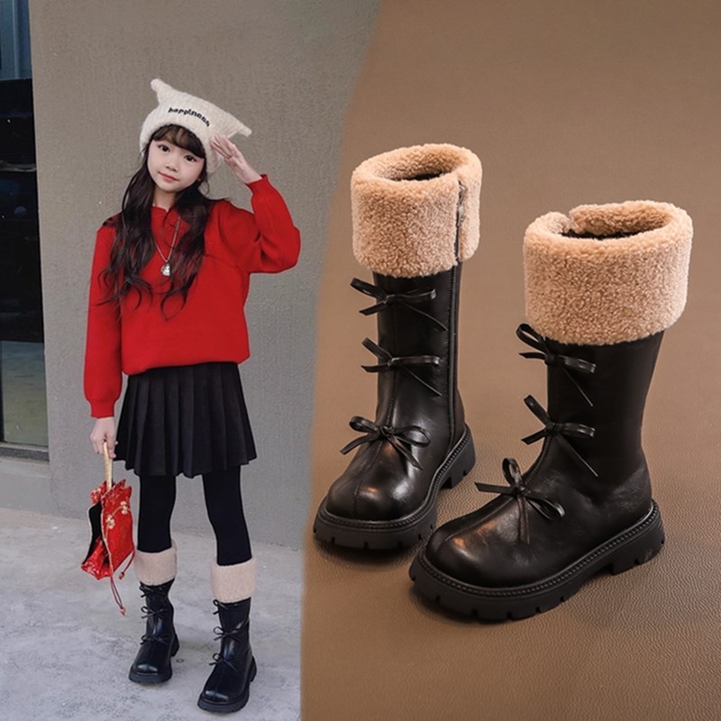 女童靴子长筒秋冬季软底黑色洋气毛毛加绒配裙子巨好看中筒高筒靴